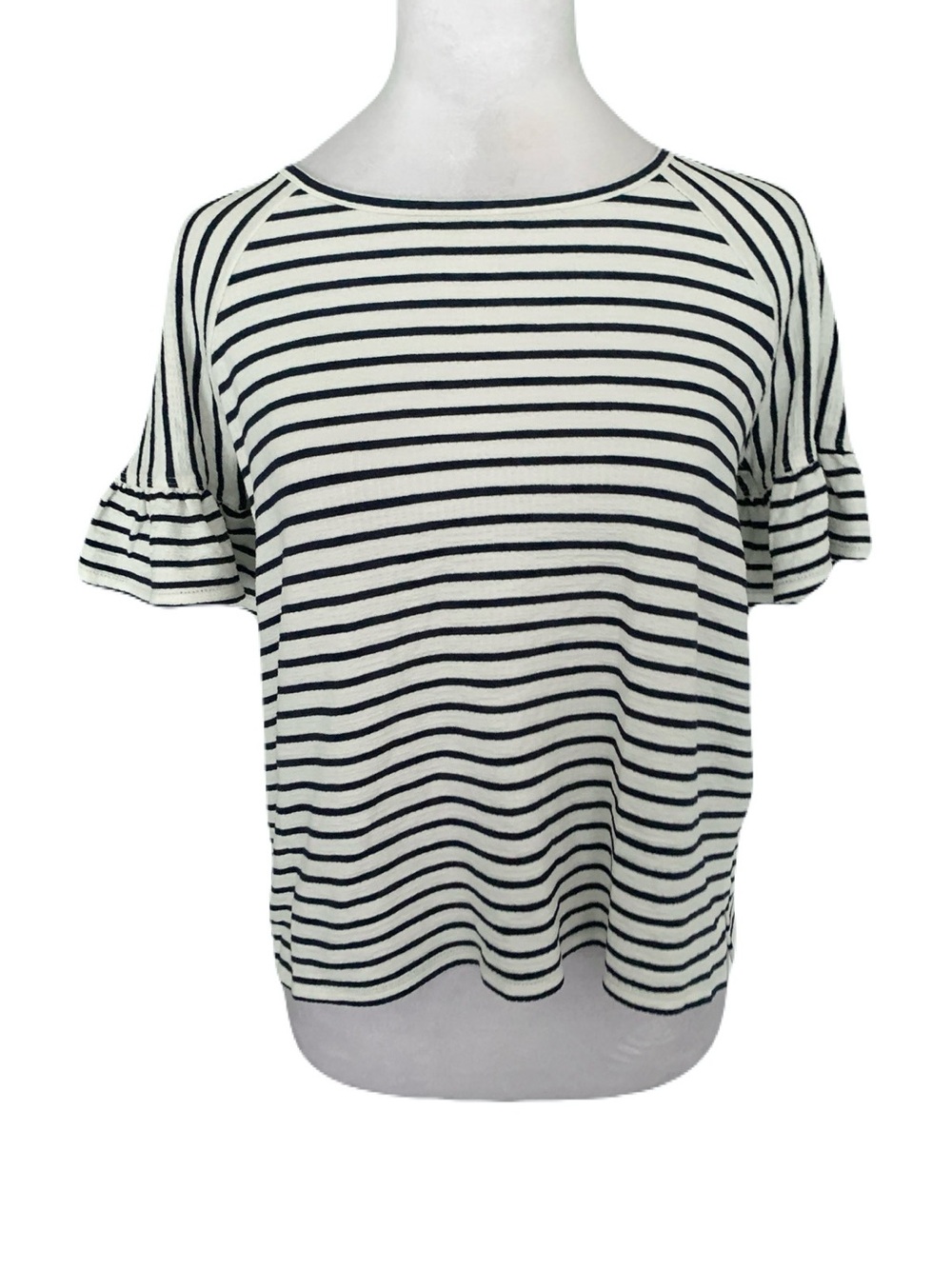 NEW Max Studio XS Deep Navy White Striped Ruffle Sleeve Tee Coastal Nautical